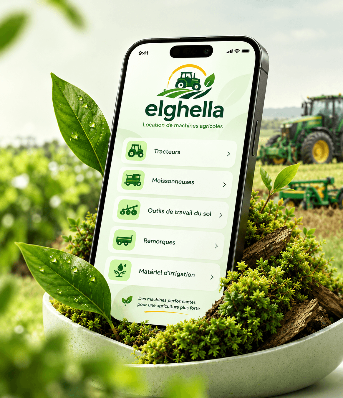 L'application Elghella sur un téléphone : tracteurs, moissonneuses, outils de travail du sol, remorques et matériel d'irrigation