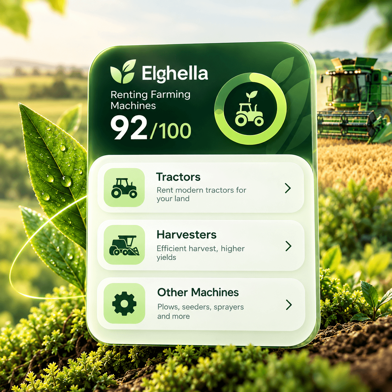 Une carte Elghella avec une note de 92 sur 100 et les types de machines : tracteurs, moissonneuses et autres
